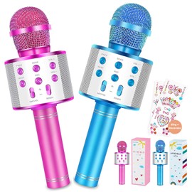 KONNAO Karaoke Microphone for Kids, 5-in-1 Wireless Handheld Kareoke Mic Speaker for Singing, Karaoke Machine for Adult with 2 Independent Package, DIY Stickers, Gifts for Birthday Party