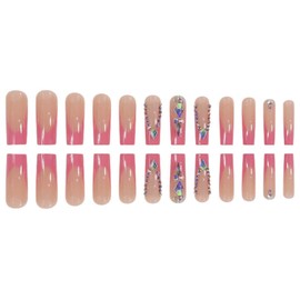 YoYoee Luxury Long Square False Nails Crystal Gem Design Tips Nails Rose French Press on Nails Acrylic Full Cover Fake Nails for Women and Girls 24PCS