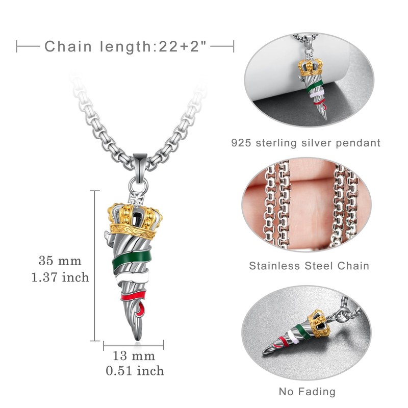 Hantuorui Italian Horn Necklace for Men - 925 Sterling Silver