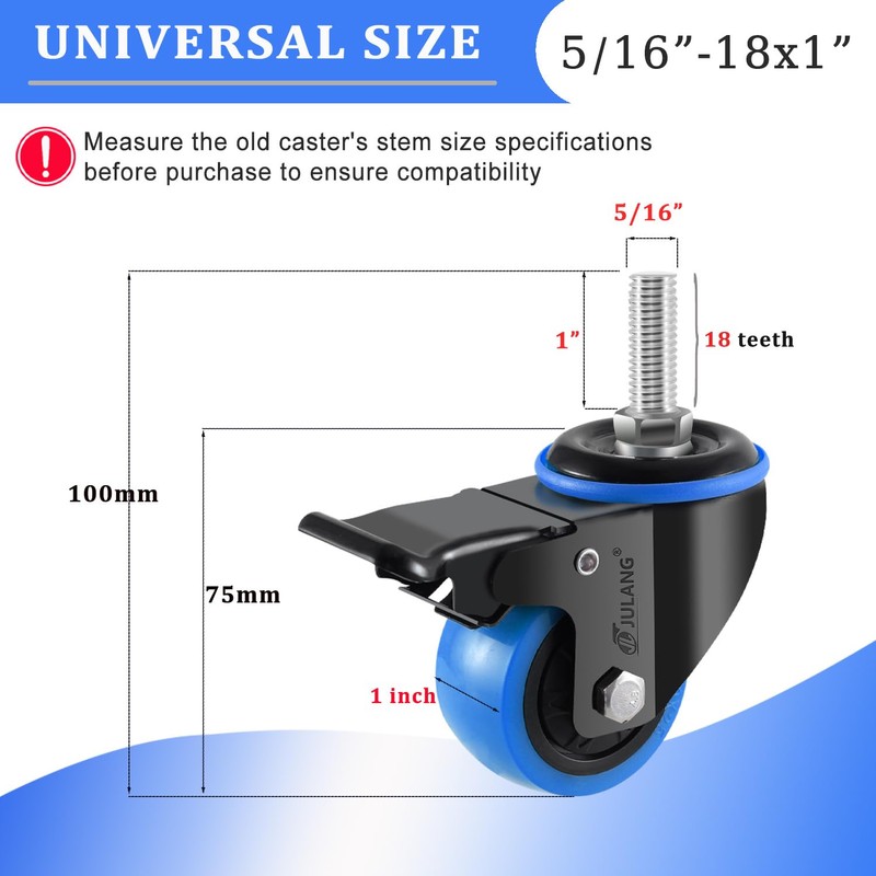 JULANG 2 inch Locking Caster Wheels 5/16" Threaded Stem, Stem