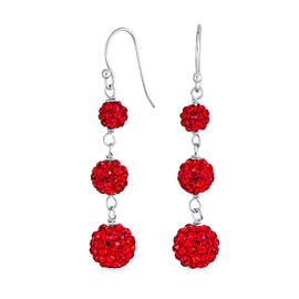 Red Crystal Pave Round Graduated Three Tier Disco Ball Linear Dangle Chandelier Earrings for Women Teen.925 Sterling Silver