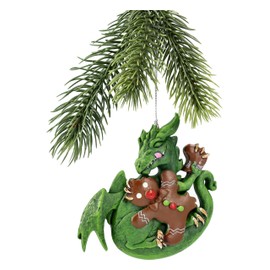 Ruth Thompson Christmas Ornament: mischievous dragon with gingerbread 10cm - Green Dragon Hand Painted Figurine Christmas Tree Pendant