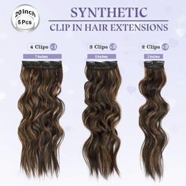 WOKAA Synthetic Clip in Hair Extensions 20 Inch 5Pcs Dark Brown Mix Caramel Blonde Long Hair Extensions Clip Ins Soft Thick Synthetic Wavy Hair Piece for Women