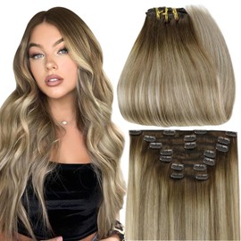 Full Shine Hair Extensions for Women Clip in Hair Extensions 14 Inch Balayage Ombre Hair Extensions Color 3/8/22 Real Hair Clip ins 105 Grams