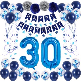 NANINUNENO 30th Blue Birthday Party Decorations for Boy Girl Men Women, Happy 30 Birthday Balloons Supplies with Happy Birthday Banner,30 Number Balloons, Blue Star Streamers, Hanging Swirls