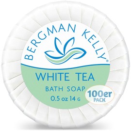 BERGMAN KELLY Sanitary Soap Bars (White Tea, 0.5 oz, 100PK), Travel Size Luxury Bulk Hotel Bar Soap, Mini Individually Wrapped Round Soap, Hotel Toiletries for Airbnb, Motel, Guest Bathroom