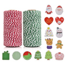 OITUGG [2 Roll] Christmas String 200m/ 656 feet - Christmas Twine with 14pcs Gift Tags - Twine String for Christmas Crafts Tags Cards - 100% Cotton Twine for Bakers Twine Butchers Twine (Red+Green)