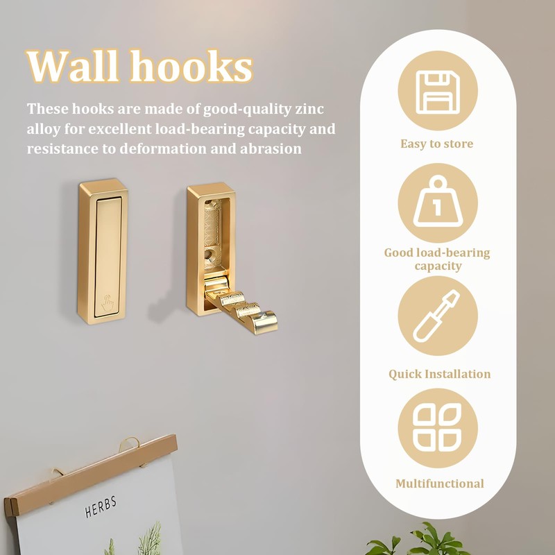Wshxjzyay 4pack Gold Foldable Wall Hooks, Folding Coat Hooks Wall