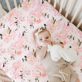 Little Grape Land Baby Pack and Play Sheets Fitted(38" x 26"), 4-Pack Mini Cot Sheets Set for Baby Girls Boys,Breathable & Soft Microfiber，Organic Fitted Cot Sheet for Pack and Play Mattress(Flower)