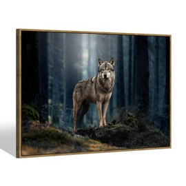 Wolf Dog Canvas Wall Art - Wild Animal Wolf Watchful Eyes Picture Forest Nature Scene Artwork Painting with Framed for Home Walls Living Room