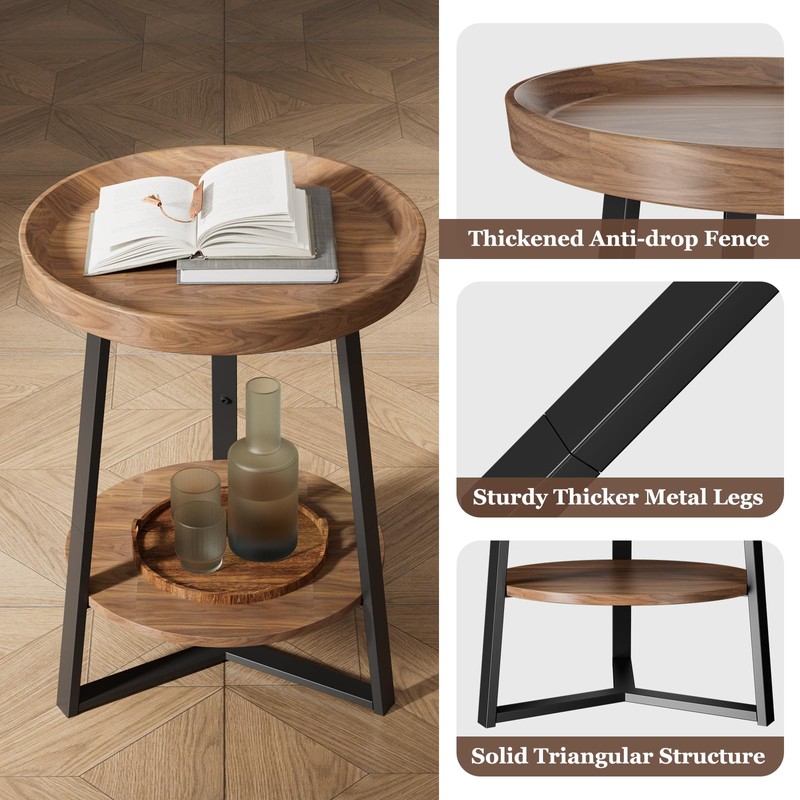Gadroad Round End Table with Storage Shelf, 2 Tier Farmhouse
