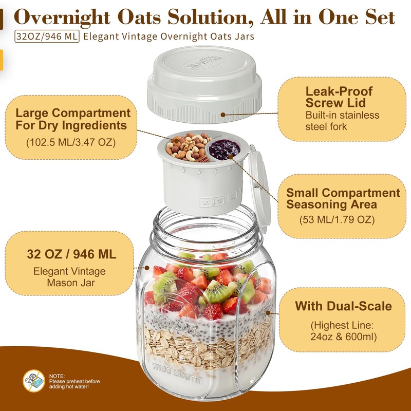 Syntic 32 Oz Glass Overnight Oats Container with Silicone Divider