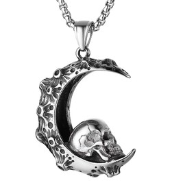 Gothic Skull on the Moon Pendant Boutique Design Stainless Steel Charm Necklaces for Men and Women Jewelry Gift Box, Zinc, Zinc