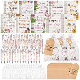 Qeeenar 200 Pcs Christian Gift Sets Christmas Church Bible Verse Bulk 50 Scripture Notebooks Gift 50 Ballpoint Pens 50 Thanks Tags 50 Organza Bags for Women Christian Party Gifts(White,Floral)