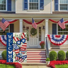 ZAEW Welcome Watercolor America Stars Butterflies Eucalyptus Leaves Flowers Patriotic 4th of July Memorial Day Independence Day Garden Flag Yard Flag 12x18 Inch Double Sided Small Mini Yard Outdoor Outside Holiday Decoration