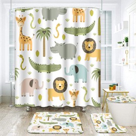 ArtSocket Cute Hippo Crocodile Bathroom Set with Shower Curtain and Rugs Accessories Lion Elephant Giraffe Shower Curtain Set Childish Colorful Bathroom Decor 4 Pcs