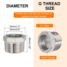 sourcing map 2 Pcs 304 Stainless Steel Reducer Hex Bushing G1 Male x G3/4" Female Threaded Reducing Pipe Adapter Fitting with PTFE Tape for Plumbing, Fuel Lines, and Pneumatic Systems
