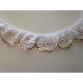 Double Ruffled Scalloped Lace Trim, White and Gold, 2 Tier Lace Trim, 2 YARDS