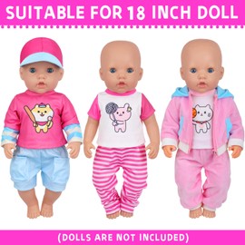 8 Piece 18 Inch Baby Doll Clothes Set - Pink & Blue Sporty Casual T-Shirts, Pants, Hoodie & Hat for 18” Dolls Outfits Accessories (No Doll)