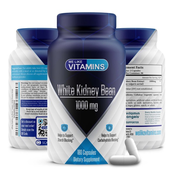 We Like Vitamins White Kidney Bean 1000mg – 180 Capsules – White Kidney Bean Supplement – Helps to Support Carbohydrate and Starch Blocking for Healthy Weigh