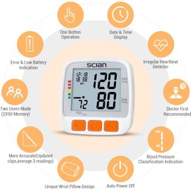 Scian Scian Automatic Wrist Blood Pressure Monitor for Home or Clinical Use, Wrist Blood Pressure Machine with Adjustable Cuff & Large LCD Display, BP Monitor with 2x90 Reading Memory for Two Users