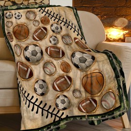 Vintage Sports Soccer Blanket Ultra Soft Cozy Plush Baseball Basketball Football Throw Blanket Sport Ball Fans Lovers Gifts Kids Adults Lightweight Flannel Comfy Blankets for Couch Sofa Bed 50"x40"