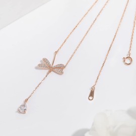 Silberkette für Frauen zierliche Libelle Anhänger Gold Halskette Minimalistische Libelle Kristall Halskette Käfer stapelbar (Rose Gold)