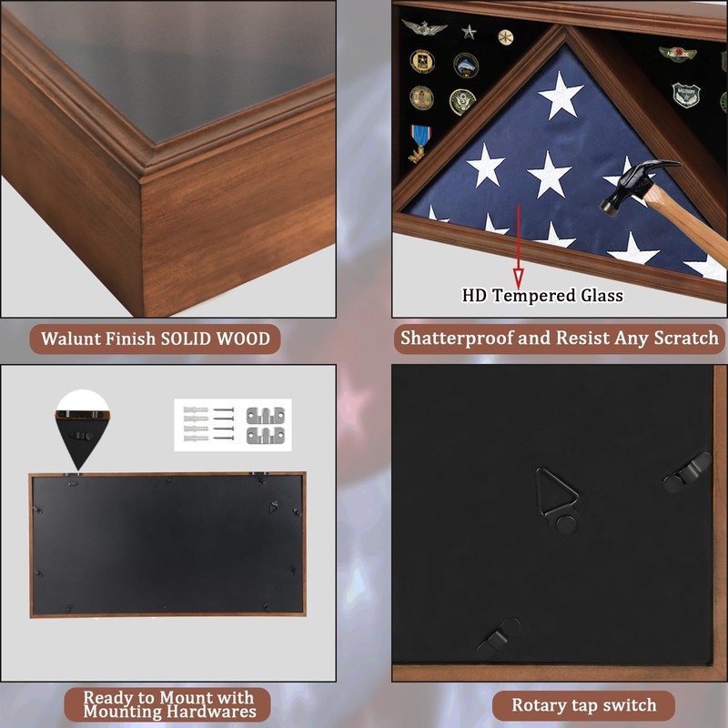 Large American Veteran Flag Display Case Solid Wood Memorial Flag