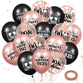 90th Birthday Balloons 18Pcs Rose Gold and Black 1935 Balloons 90th Birthday Party Decorations for Women 12 Inch Confetti Latex Vintage Sweet 90th Balloons for 90th Birthday Anniversary Party Supplies