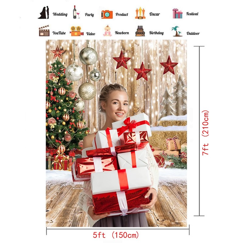 CHAIYA 5X7FT Christmas Backdrop Wood Floor Backdrop Winter Snow Xmas