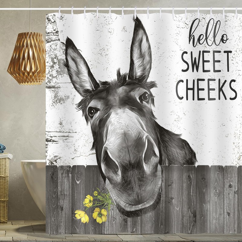 Emwnodti Funny Donkey Rustic Shower Curtain, Fun Cute Animal Farmhouse