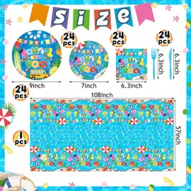 Jingmore 121 Pcs Goodbye School Hello Pool Party Tableware Set End of School Year Party Decorations Includes Plates Napkins Forks Knives Disposable Tablecloth for 24 Guests Pool Disposable Favors