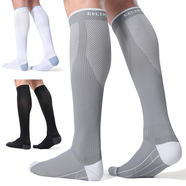 CelerSport 3 Pairs Compression Socks for Men and Women 20-30 mmHg Running Support Socks, Black + White + Grey, Large/X-Large