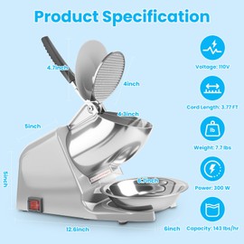 Shcazhcx Dual Blades 143 lbs/hr Electric Ice Crusher, 300W Ice Shaver, 2200 RPM Shaved Ice Machine with Extra Blade and Ice Pick for Home and Commercial Use, ETL-Listed, Silver