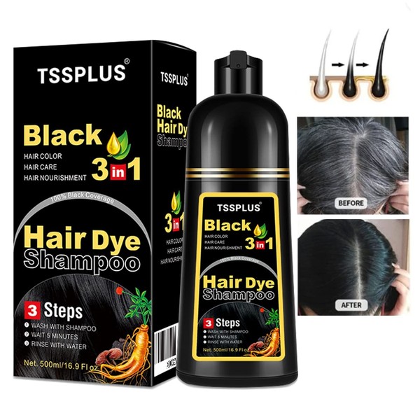 TSSPLUS 500ml Permanent Black Hair Shampoo Organic Natural Fast Hair Dye Plant Essence Black Hair Color Dye Shampoo for Women Men Cover Gray White Hair, Instant Hair Colouring,3 in 1 Hair Black Dye Shampoo, herbal shampoo 17 Fl Oz