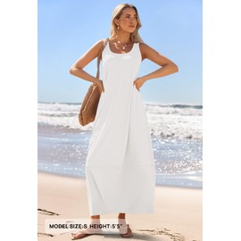 MEROKEETY Women's Casual Maxi Sundress 2025 Summer Beach Dress Scoop Neck Sleeveless Loose Tank Dress, White, Large
