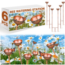 Teenyyou 6 Pcs Bee Watering Station for Garden Bee Metal Watering Cups Butterfly Water Feeder Small Insects Bath Bowl Cups Metal Stakes for Outdoor Garden Decor, Copper