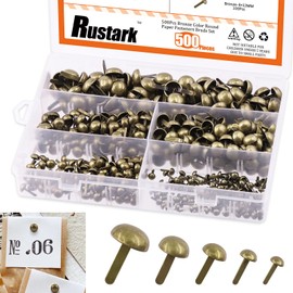 Rustark 500PCS 5 Sizes Bronze Paper Fasteners Round Brads Fasteners Assortment Kit Mushroom Head Paper Fasteners Brass Metal Brads Scrapbooking Decorative Paper Crafts School DIY Art Project Supplies
