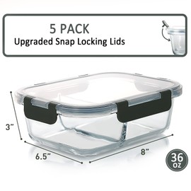 M MCIRCO [5-Pack,36 Oz] Glass Meal Prep Containers 2 Compartments Portion Control with Upgraded Snap Locking Lids Glass Food Storage Containers, Microwave, Oven, Freezer and Dishwasher (4.5 Cups)