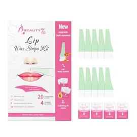 Beauty7 Tiras de cera de labios, tiras de cera facial, 20 piezas de cera + 4 toallitas de aceite calmante para depilación facial, ideal para todo tipo
