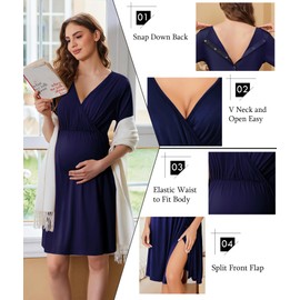 Ekouaer Labor/Delivery/Hospital Gown Short Sleeve Maternity Nursing Nightgown with Button Pregnancy Clothes Navy Blue L