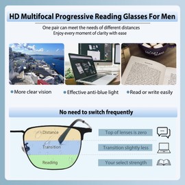 KISSOUL Photochromic Progressive Multifocus Reading Glasses for Men Anti Blue Light Transition Reader Multifocal Sunglasses