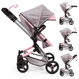 Bayer Design: Pram City Vario Stroller - Gray & Pink Butterfly - Accessory For Dolls Up To 20", Matching Shoulder Bag, Converts To Jogger, Kids 3+
