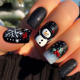Christmas Press on Nails Silver Glitter Acrylic Fake Nails Cute Snowman Stick on Nail with Snowflake Xmas Red Berry Design Full Cover Christmas Glue on False Nails for Women Girls 24 Pcs