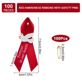 WANDIC 100 PCS Red Satin Ribbon Pins with Dove,Memorial Ribbon Brooches in Forever in Our Hearts for Charity Event Survivors Sport Gatherings Supplies