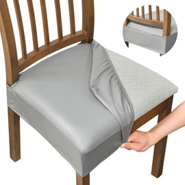 NILUOH Waterproof Seat Covers for Dining Room Chairs Set of 2, Pu Leather Chair Seat Slipcovers Dining Chair Cover Removable Washable Chair Protctor Cover, Rear Covers (PU-Gray)