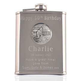 Mens 50th Birthday Stainless Steel Engraved Hip Flask with Solid Pewter Lawn Bowls Feature