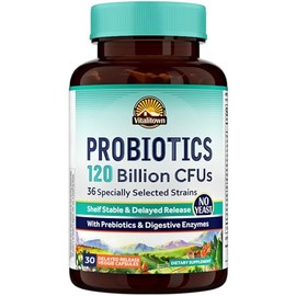 Vitalitown Probióticos 120 Mil Millones De Ufc | 36 Cepas, Con Prebióticos Y Enzimas Digestivas Para Hombres Y Mujeres | Estante Estable | Apoyo Digestivo E Inmunológico | Vegano, Sin Omg | 30 Tapas Vegetales De Liberación Retardada