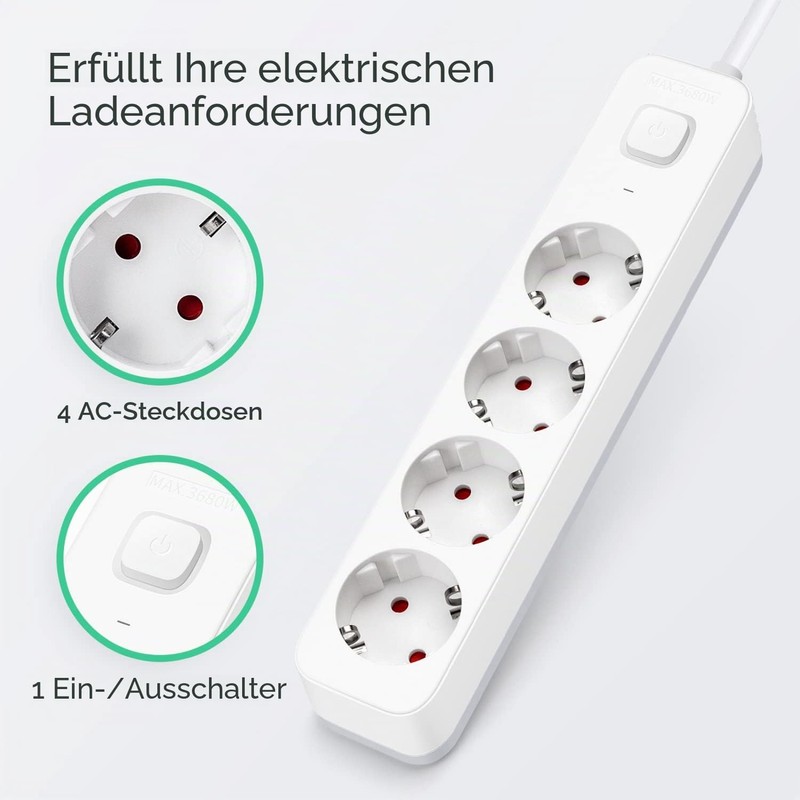 Aigostar 4-Way Power Strip with Switch, Multiple Socket with Child