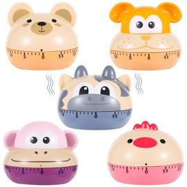 5 PCS Kitchen Timers, Cute Animal Mechanical 60-Minute Timing, Cow Puppy Monkey Chick Bear, No Battery Needed Timers with Adhesive Base, Ideal for Kitchens Home School